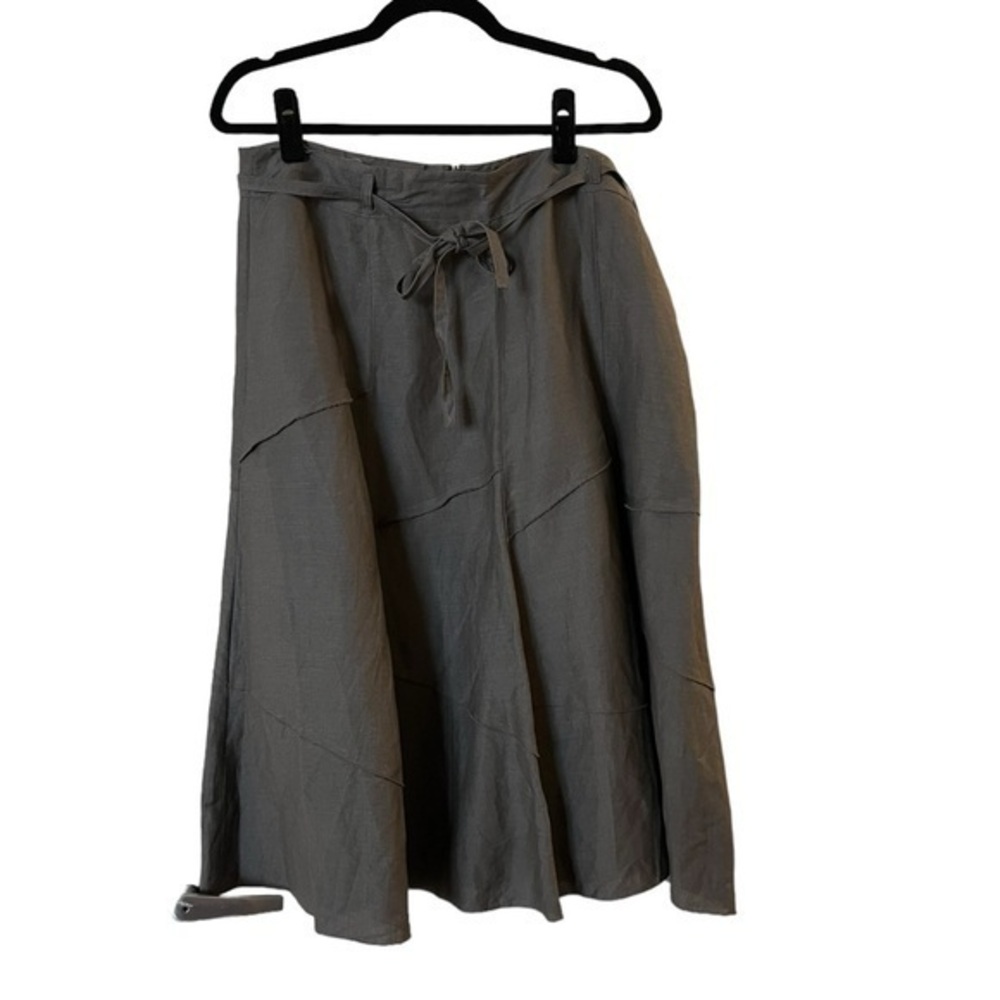 SANDRO Army / Olive Green Linen Blend Pieced Tie Waist A-Line Skirt